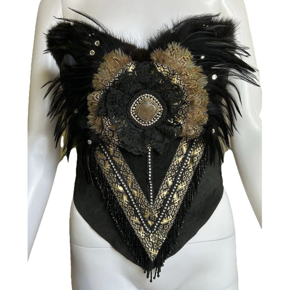 Handmade Leather Fur Feather Corset Burning Man Festival Burlesque Top